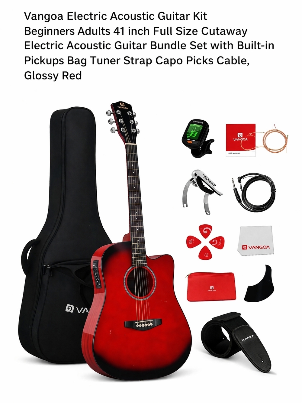 Vangoa 41" Glossy Red Cutaway Acoustic-Electric Guitar Bundle